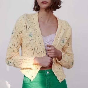 Yellow Zara Floral Knit Embroidered Cardigan